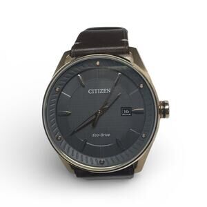 Citizen Eco-Drive Men’s Watch Brown Leather Strap Gold Tone Date Japan Movt